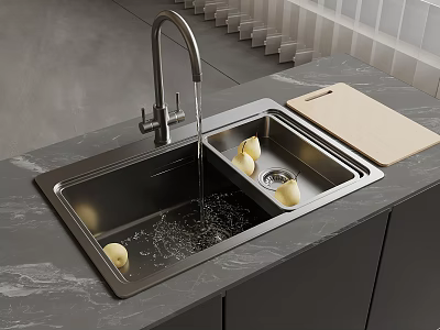 Stainless Steel Kitchen Sink With Faucet Water Flowing Lemons And Cutting Board On Marble Countertop 3d model