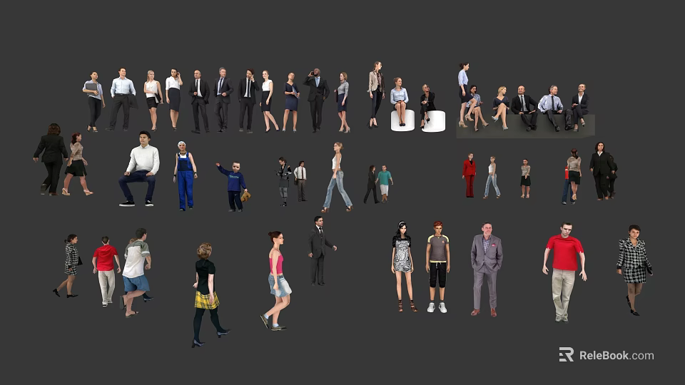 Multiple People 3D Character Models With Different Poses And Various Clothing Styles 3d model