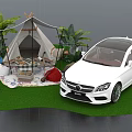 Outdoor Camping Scene With White Tent Car Green Plants And Grassy Area