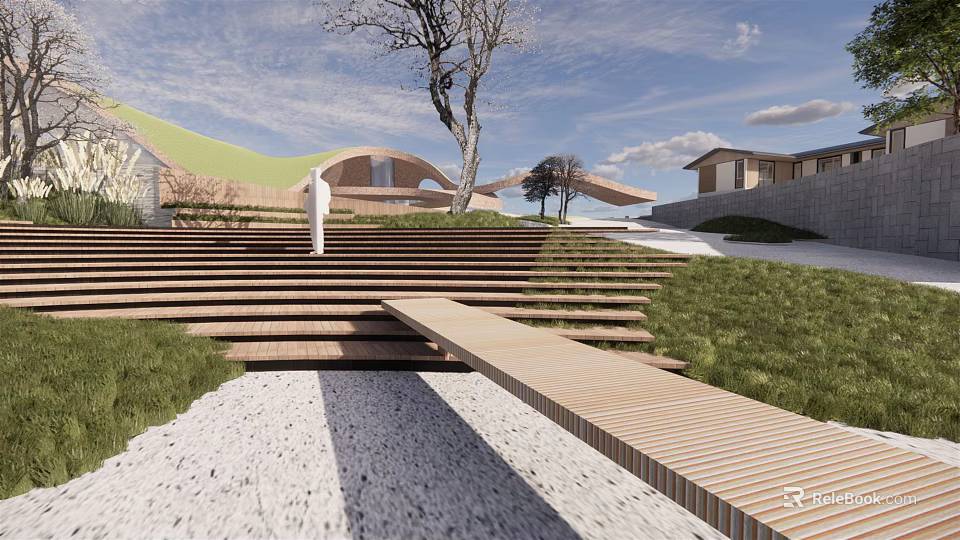 Modern Garden Landscape Design With Wooden Steps Walkway Lawn Trees And Gravel 3d model 