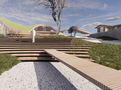 Modern Garden Landscape Design With Wooden Steps Walkway Lawn Trees And Gravel 3d model