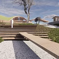 Modern Garden Landscape Design With Wooden Steps Walkway Lawn Trees And Gravel
