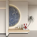 Moon Shaped Textured Wall Lamp Illuminated In Modern Indoor Space With Wooden Shelf Decor