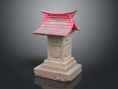 Traditional Japanese Stone Lantern With Red Roof And Carved Base Design 3d model