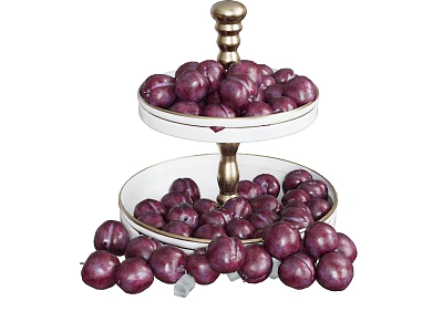 Plump Fresh Purple Plums on Two Tiered Golden Stand Serving Tray 3d model