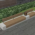 Outdoor Landscape Seats Featuring Wooden Benches Green Plants Lighting Stone Pavement And Brick Wall