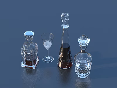 Elegant Transparent Wine Bottles And Crystal Glassware Display With Various Shapes On Dark Background 3d model