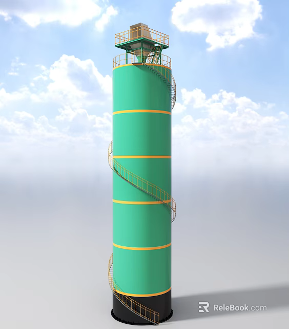 Green Cylindrical Tower Industrial Equipment With Yellow Stripes And Spiral Staircase 3d model 