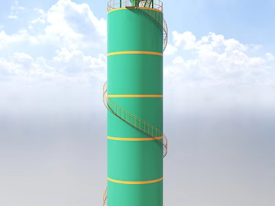 Green Cylindrical Tower Industrial Equipment With Yellow Stripes And Spiral Staircase 3d model
