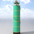 Green Cylindrical Tower Industrial Equipment With Yellow Stripes And Spiral Staircase