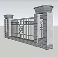Residential Landscape Iron Gate Design With Stone Pillars And Brick Structure 3d model