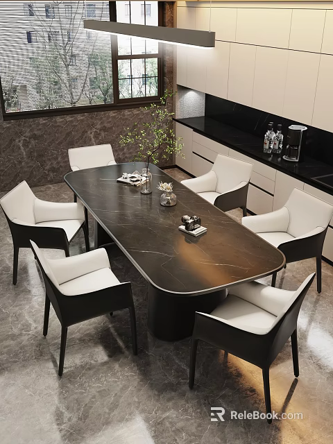 Modern Dining Room Interior With Black Marble Table White Chairs Green Plant And Tableware 3d model 