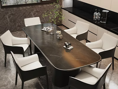 Modern Dining Room Interior With Black Marble Table White Chairs Green Plant And Tableware 3d model