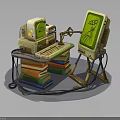 Vintage Computer Setup With Retro Green Screen Monitor Keyboard Wooden Stand And Stacked Books