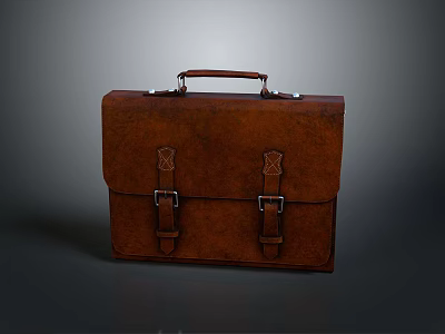 Classic Brown Genuine Leather Briefcase With Top Handle And Buckle Straps 3d model