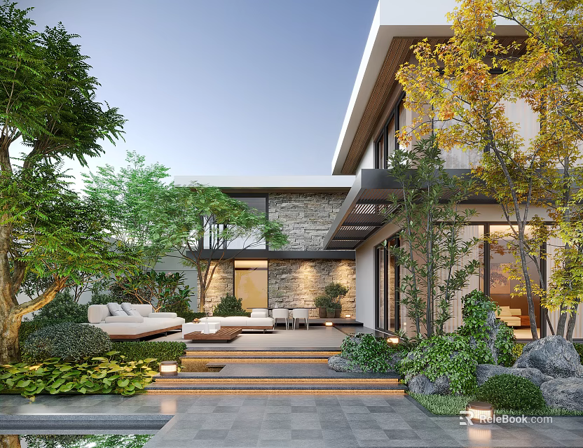 Modern Courtyard Garden With Lush Greenery Outdoor Furniture Stone Pathway And Warm Lighting 3d model 