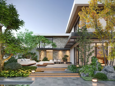 Modern Courtyard Garden With Lush Greenery Outdoor Furniture Stone Pathway And Warm Lighting 3d model