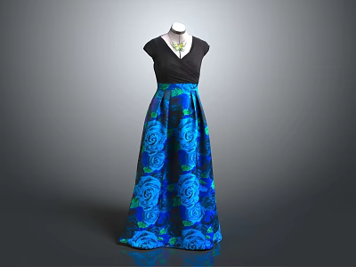 Elegant Women's Dress with Black Top Blue Rose Pattern Skirt and Necklace 3d model