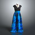 Elegant Women's Dress with Black Top Blue Rose Pattern Skirt and Necklace