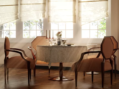 Dining Table Set With Round Marble Top And Four Brown Chairs By Bright Windows With Roller Blinds 3d model