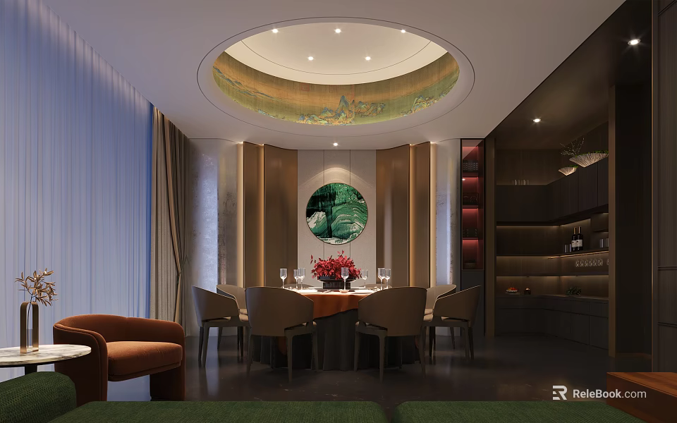 Elegant Private Box Interior With Round Ceiling Dining Table Chairs And Decorative Painting 3d model 