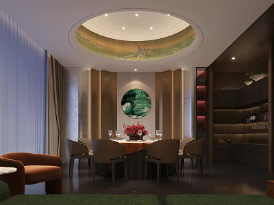 Elegant Private Box Interior With Round Ceiling Dining Table Chairs And Decorative Painting 3d model