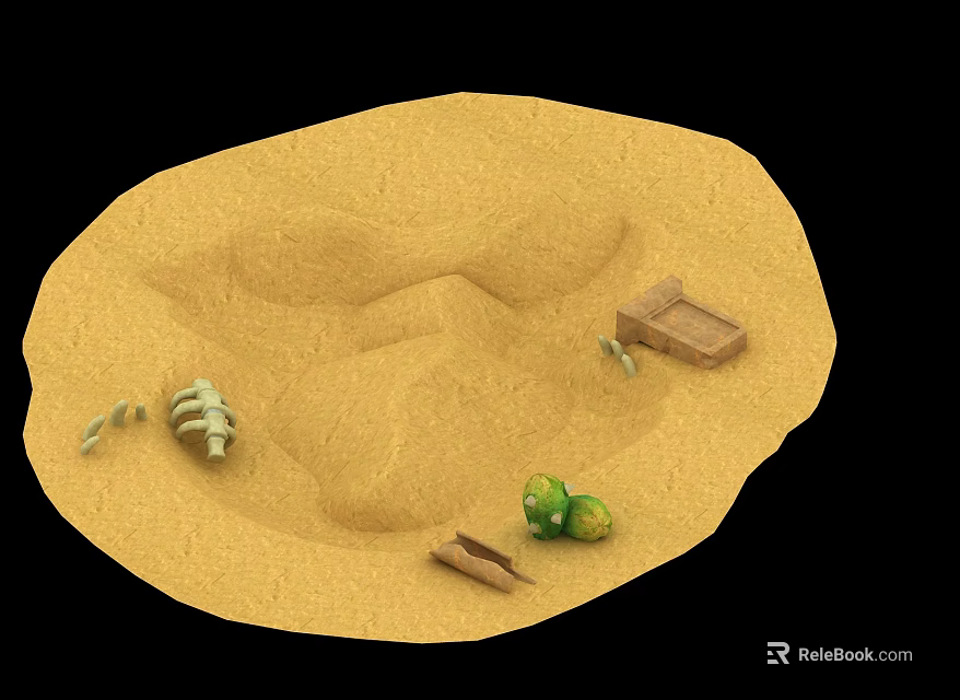 Sandy Microlandscape With Undulating Terrain Shell Green Fruits Small Wooden Planks And Plants 3d model 