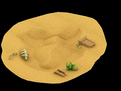 Sandy Microlandscape With Undulating Terrain Shell Green Fruits Small Wooden Planks And Plants 3d model