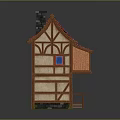 Picturesque Rural Scenery With Half Timbered House Red Tiled Roof Red Door And Blue Windows