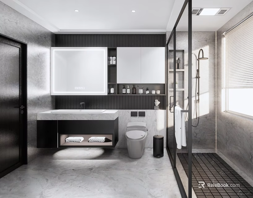 Modern Bathroom Interior Design With Vanity Mirror Toilet And Glass Shower Enclosure 3d model 