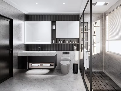 Modern Bathroom Interior Design With Vanity Mirror Toilet And Glass Shower Enclosure 3d model