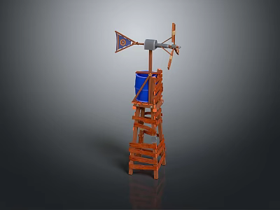 Wooden Tower Structure With Wind Vane Windmill Parts And Blue Barrel 3d model
