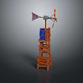 Wooden Tower Structure With Wind Vane Windmill Parts And Blue Barrel