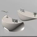 Modern White Curved Reception Desks With Computer Monitors And Small Plants 3d model