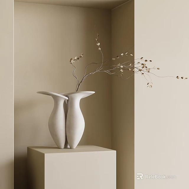 White Double Shaped Vase With Slender Branches On Cube Stand Beige Wall Background 3d model 