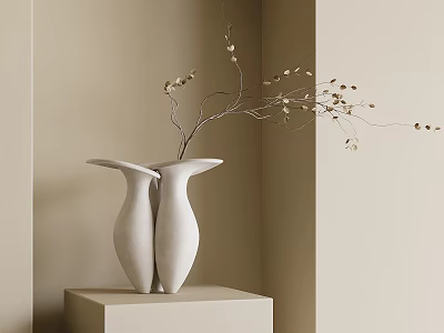 White Double Shaped Vase With Slender Branches On Cube Stand Beige Wall Background 3d model