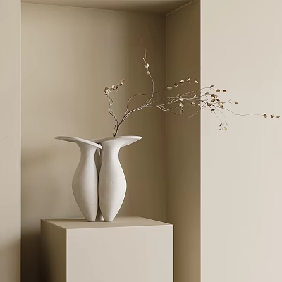 White Double Shaped Vase With Slender Branches On Cube Stand Beige Wall Background 3d model