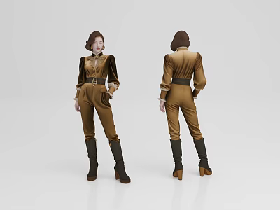 Woman In Brown Jumpsuit With Black Belt And Short Hair Wearing Black Boots 3d model