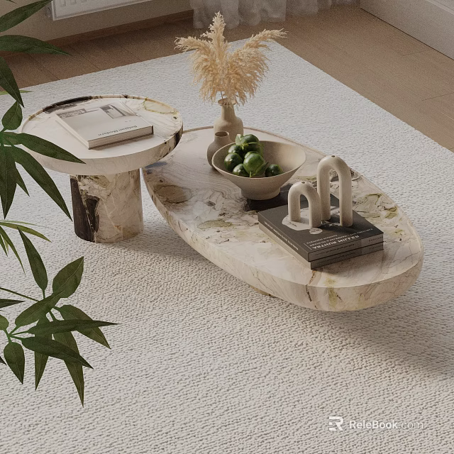 Sofa and Coffee Table Set with Marble Top Oval and Round Design and Decorative Items 3d model