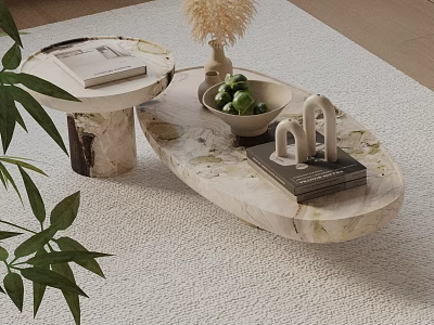 Sofa and Coffee Table Set with Marble Top Oval and Round Design and Decorative Items 3d model