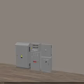 Industrial Electrical Control Cabinets With Gray Enclosures Warning Signs And Control Buttons