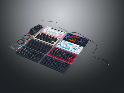Assorted Wired Keyboards with Various Colors and Designs for Electronic Devices 3d model