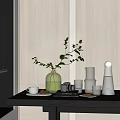 Natural Decorative Ornament Set With Green Vase Leaf Branch Glassware On Wooden Tabletop Blinds Light