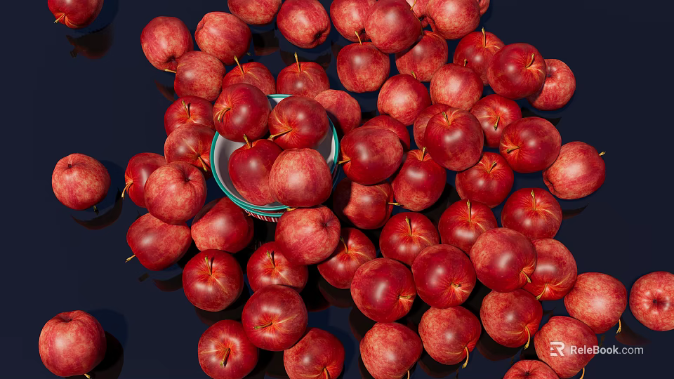 Ripe Fresh Red Apples In Blue Bowl With Scattered On Dark Background 3d model 