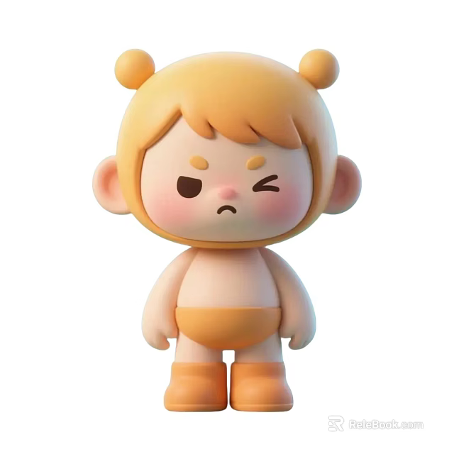 Cute 3D Game Movie Character With Yellow Hair Double Bun Angry Expression Orange Diaper 3d model 