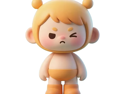 Cute 3D Game Movie Character With Yellow Hair Double Bun Angry Expression Orange Diaper 3d model