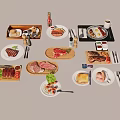 Assorted Food Platter With Steak Sliced Meat Salad Bread And Sauces On Wooden Table
