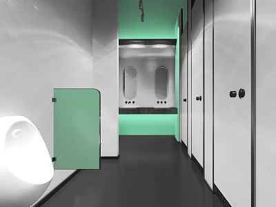 Public Restroom Modern Design with Light Green Partitions White Stalls and Mirrored Sink Area 3d model