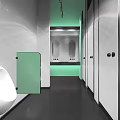 Public Restroom Modern Design with Light Green Partitions White Stalls and Mirrored Sink Area