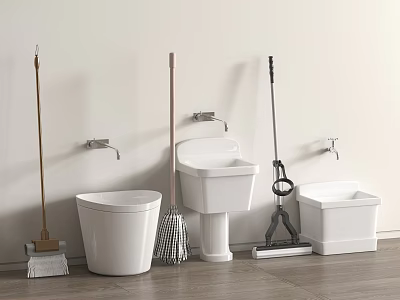 Complete Bathroom Fixtures Set With Toilet Sink Mop Broom And Faucet 3d model
